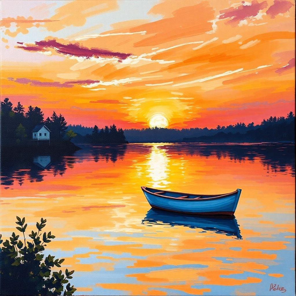 A tranquil scene of a lake at sunset with a boat resting on its calm surface, bordered by lush green trees. The warm glow of the setting sun illuminates the sky and highlights the reflections on the water.