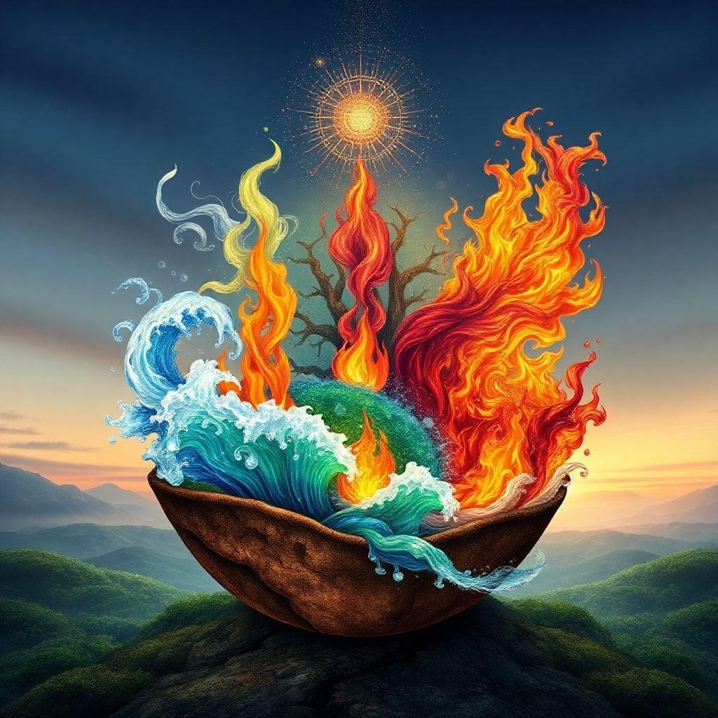 A vibrant representation of fire, water, earth, and air set against a serene landscape.