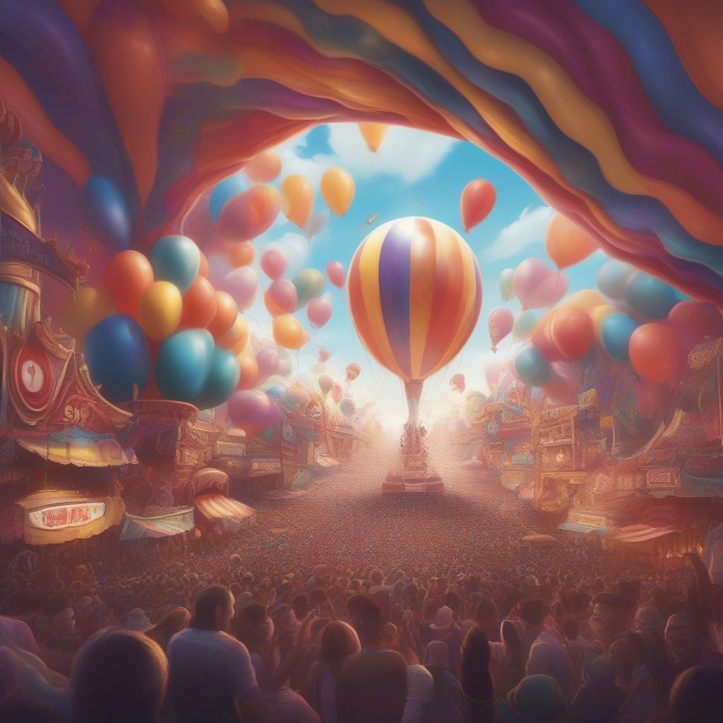 Vibrant scene at the carnival with a massive hot air balloon floating above, as spectators gather below to watch.