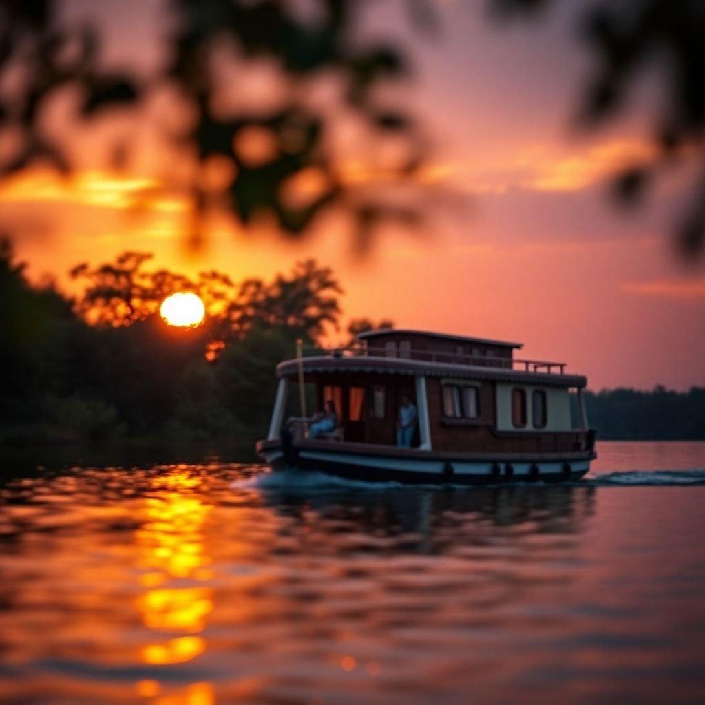 A serene lake view with a leisurely boat ride at sunset. Relaxed atmosphere for unwinding after work.