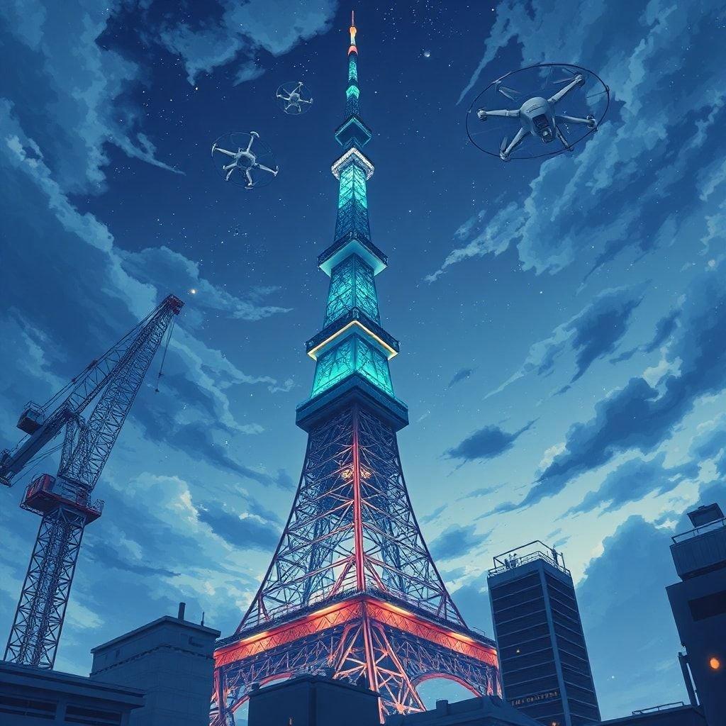 An anime illustration of Tokyo Tower standing tall against the night sky. The futuristic design showcases intricate patterns in blue and green hues, illuminating a cityscape that blends modern technology with timeless architecture. Amidst the serene scene, drones hover above, adding a touch of mystery to the tranquil image.