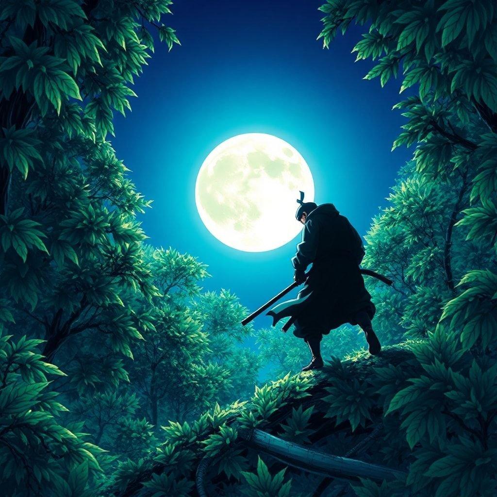 Tauchen Sie ein in eine Welt voller Mystik und Abenteuer mit dieser fesselnden Anime-Illustration. Ein einsamer Ninja, in Schatten gehüllt, navigiert durch einen üppigen Wald unter dem wachsamen Blick eines vollen Mondes. Die Füße des Ninjas, eine faszinierende Mischung aus Grün und Braun, scheinen im Mondlicht zu leuchten und verleihen der Szene ein Gefühl von dynamischer Bewegung. Der tiefblaue Hintergrund dient als Leinwand und lenkt die Aufmerksamkeit auf den Ninja als zentrale Figur, während die gesamte Atmosphäre von Verzauberung und traumhafter Wunderlichkeit geprägt ist.