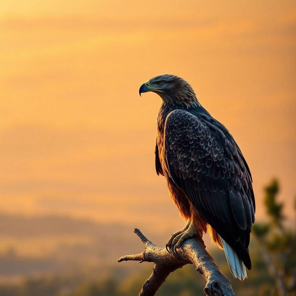 Watchful eagle perched on limb at sunrise with misty valley backdrop.