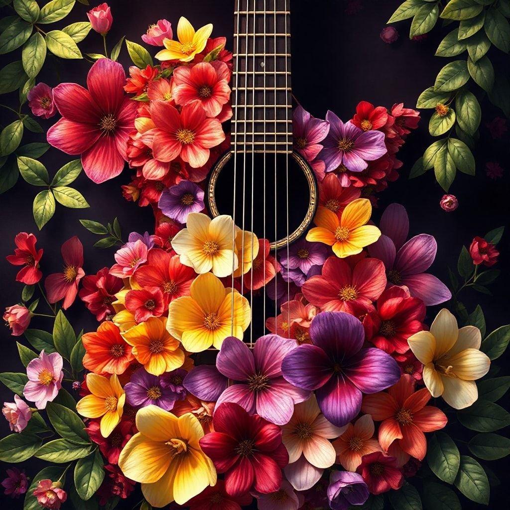 Add some musical flair to your device with this vibrant wallpaper featuring a guitar surrounded by colorful flowers. Perfect for music lovers and those who appreciate nature's beauty.