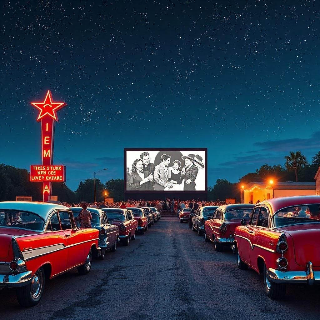 Bu vintage drive-in film gecesi duvar kağıdı ile zamana geri dönün, masaüstü veya mobil cihazınıza nostaljik bir dokunuş eklemek için mükemmel. Klasik arabalar ve retro estetik, geçmiş bir dönemin anılarını canlandırırken, drive-in sinema ekranı macera ve eğlence hissi katıyor.