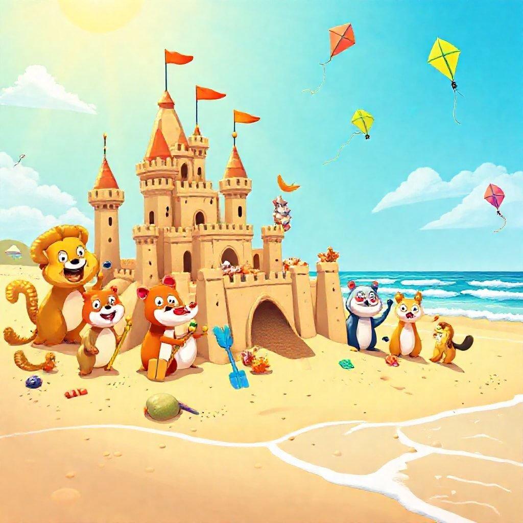 This image is a wallpaper for kids and cartoons, featuring a beach scene with a sandcastle, kites, and a group of cartoon animals enjoying a fun day at the beach. The image is colorful and playful, making it perfect for kids' rooms or playrooms.