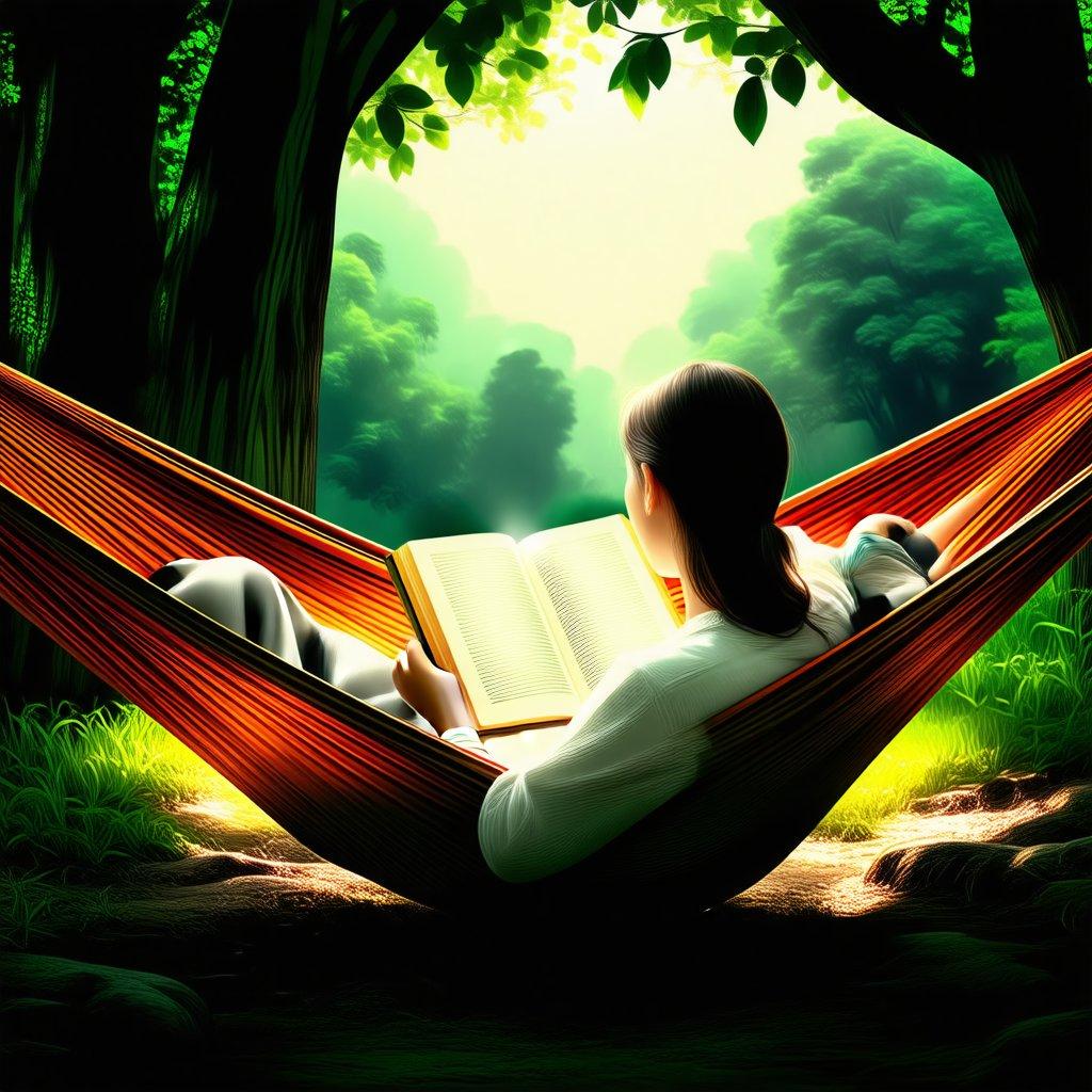 A woman finds tranquility amidst the beauty of a misty forest, enjoying a good read from her hammock.