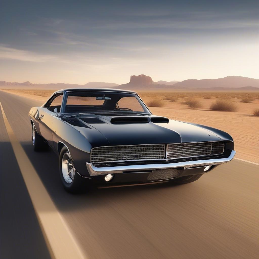 A classic Mustang carving its way through the desert. Feel the rush of the open road and the thrill of the journey.