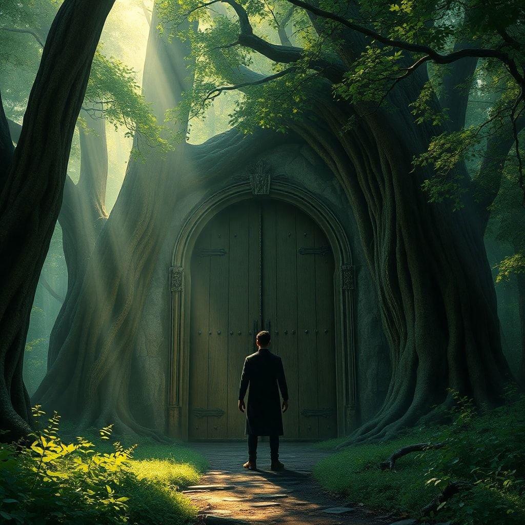 Immerse yourself in the enchanting world of fantasy with this captivating wallpaper, featuring a majestic tree and a mysterious door, perfect for fans of fantasy and sci-fi.