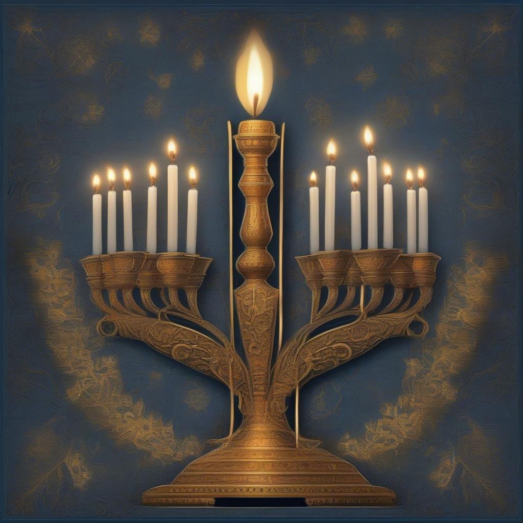 Celebrate the joyous occasion of Hanukkah with this beautiful golden menorah set against a blue textured background.