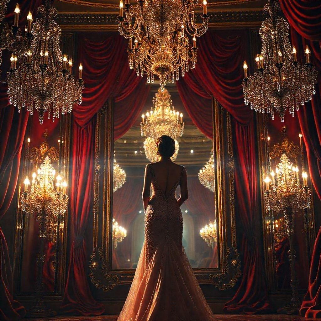 This luxurious scene captures the elegance and majesty of a bridal gown, set against a backdrop that evokes a bygone era. The bride stands in the heart of a room adorned with ornate chandeliers and rich red drapes, exuding an air of sophistication that complements her radiant attire. A large mirror reflects the grandeur of the setting, making it all feel larger than life. This image is a testament to the splendor of traditional bridal fashion and would make for a striking wallpaper on any device.