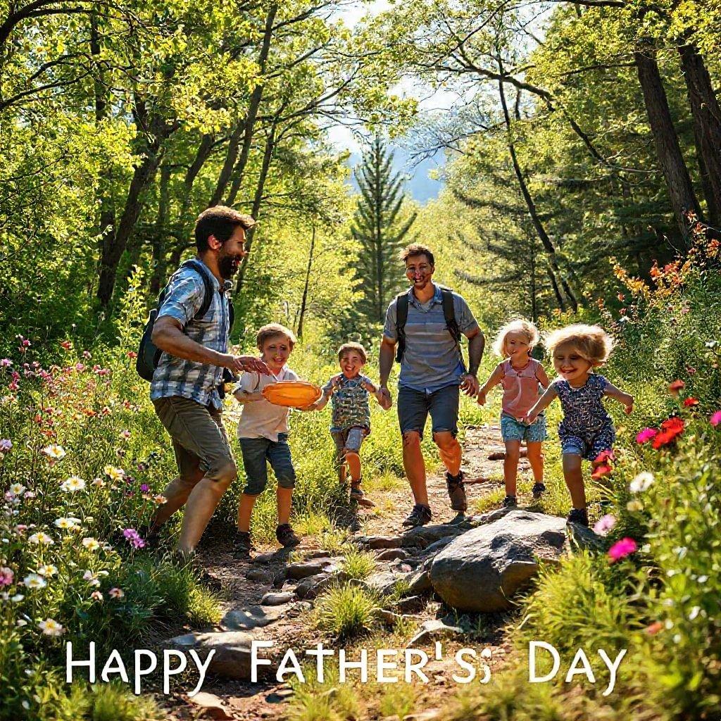 A family hiking in the woods to celebrate Father's Day, enjoying nature and quality time together.