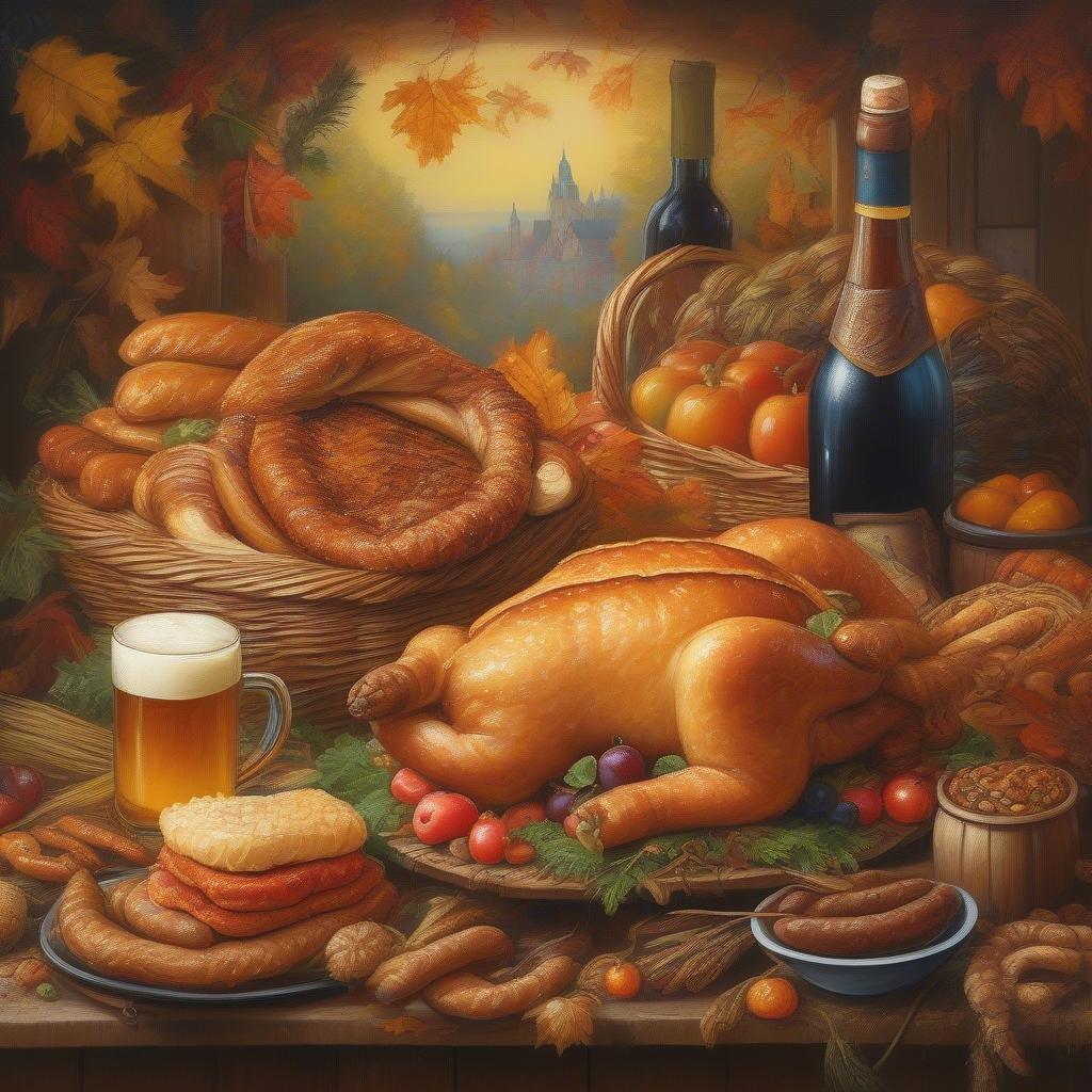 A table laden with the bounty of Oktoberfest, featuring seasonal delicacies like chestnuts, apples, bread, and roasted meats.