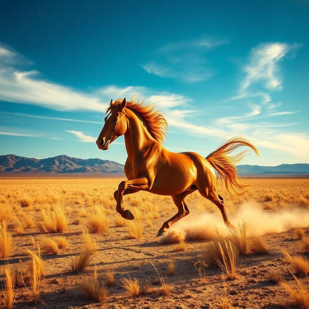 A majestic, golden fantasy horse galloping through a barren desert landscape under a bright blue sky.