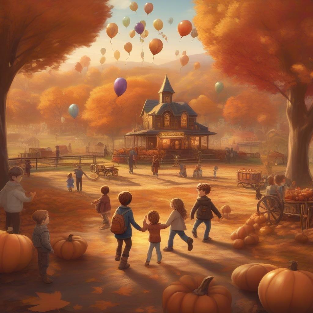 This image captures a quaint Halloween village scene where kids are happily participating in the fall festivities. The village is adorned with pumpkins and jack-o'-lanterns, creating an enchanting autumn atmosphere.