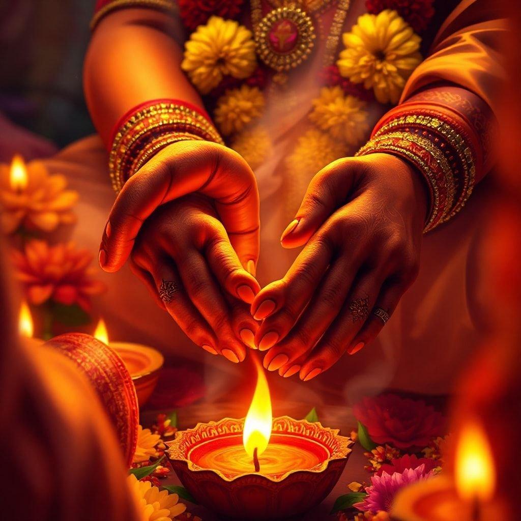 As mãos estão suavemente dobradas na frente do peito, segurando diyas acesos. As velas quentes e brilhantes significam luz e pureza, um gesto tradicional durante o festival hindu de Diwali.