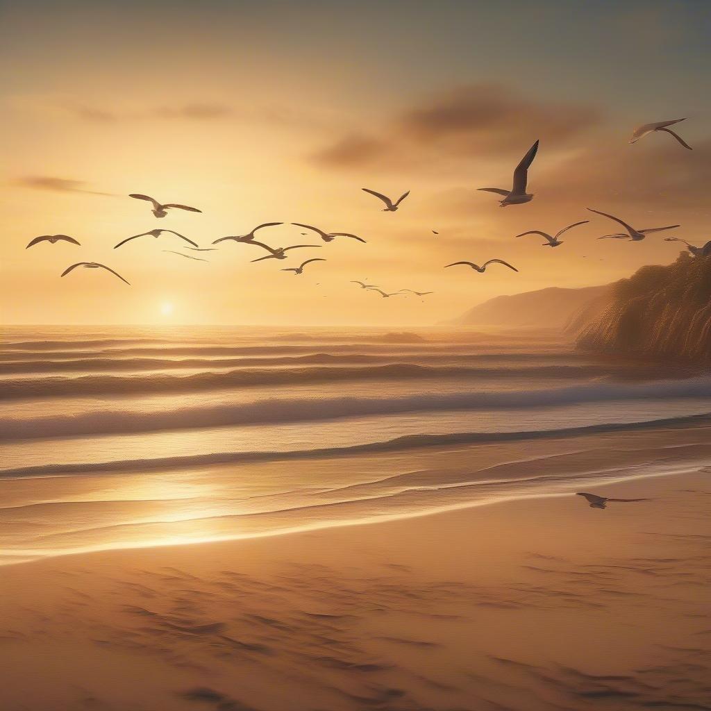 A tranquil beach scene during sunset with flocking birds flying over the waves, creating a serene and picturesque view for desktop and mobile wallpapers.