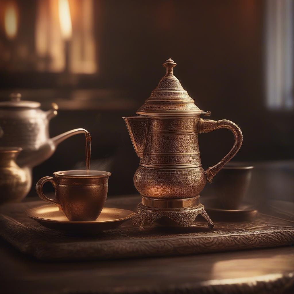 A traditional golden tea set, perfect for a cozy Ramadan or Eid celebration.