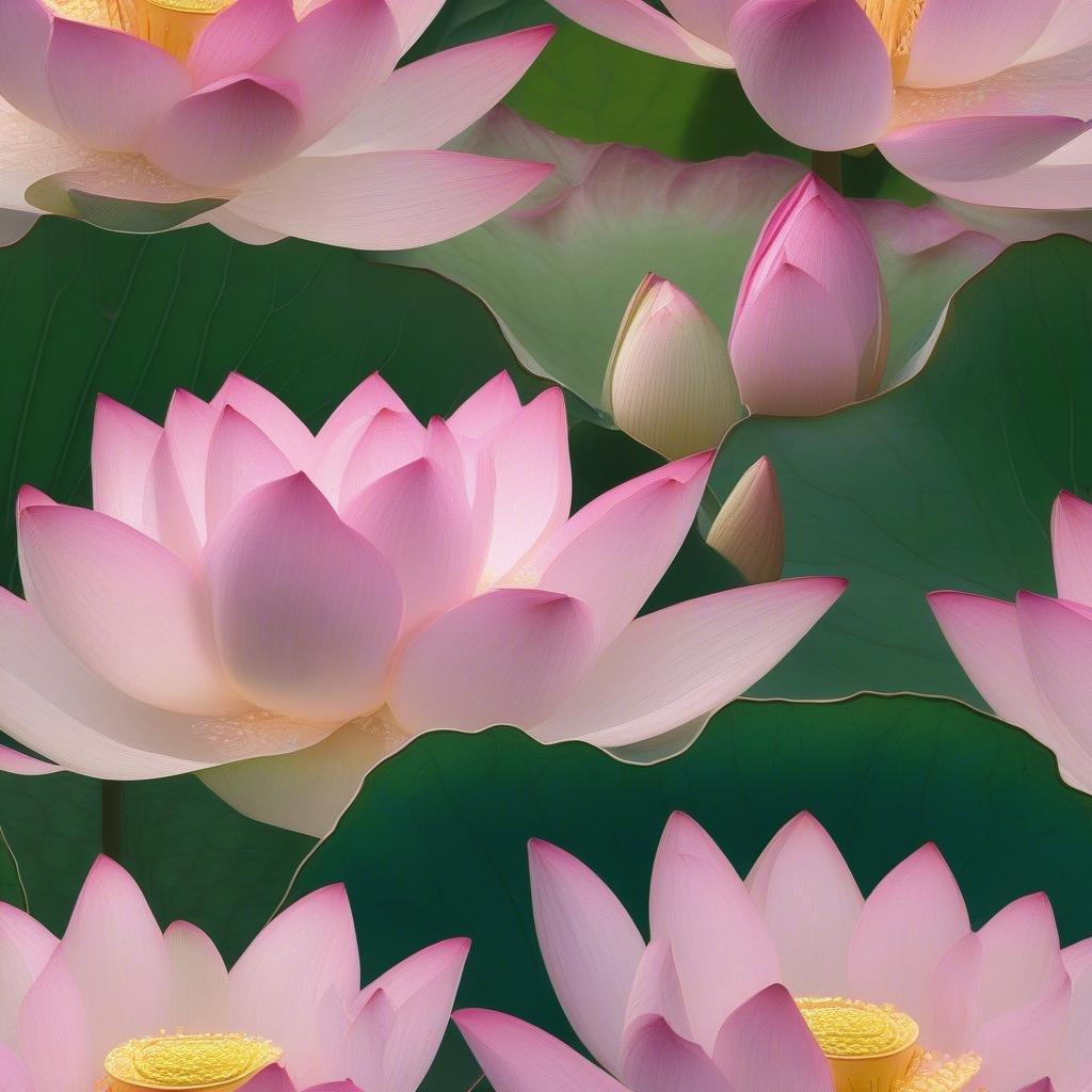 Ett livfullt fält av blommande rosa och vita lotusblommor, där varje kronblad sträcker sig mot solljuset. Varje blomma är en symbol för renhet, ljus och återfödelse. Denna bild fångar den lugna skönheten i naturens cykel.