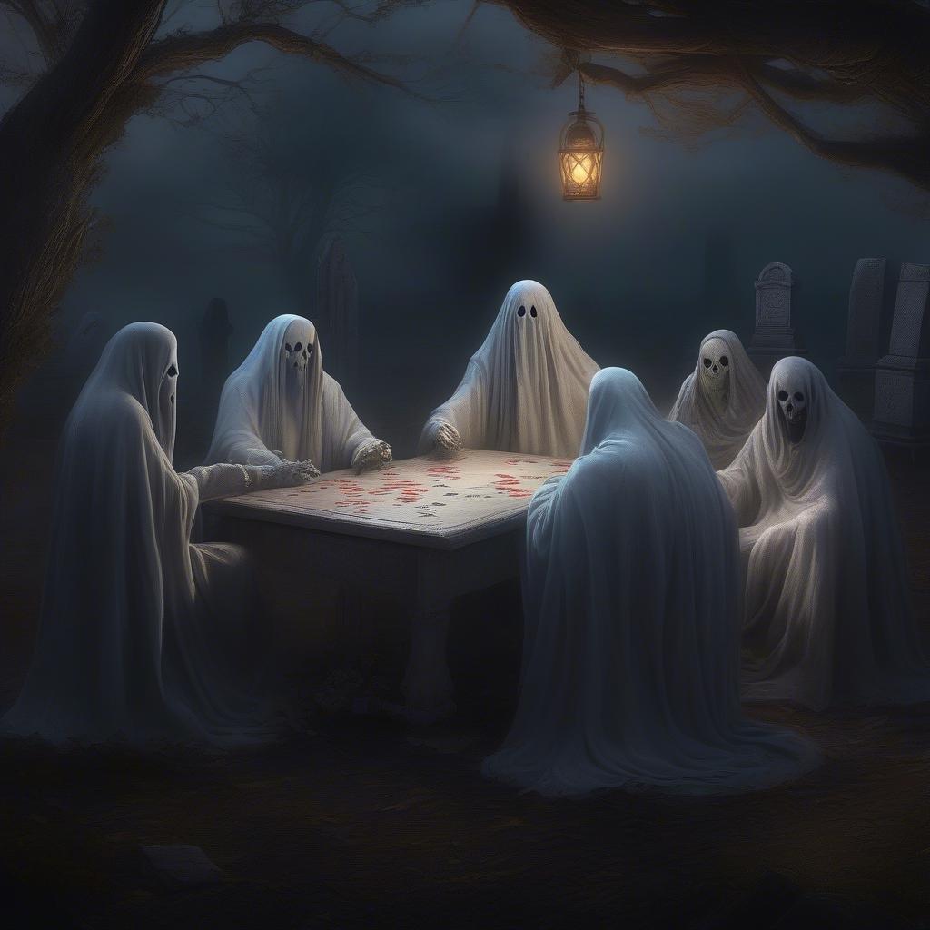 A group of ghosts gather around a table to play cards under the eerie light of the moon, embodying the spirit of spooky fun at a Halloween party.