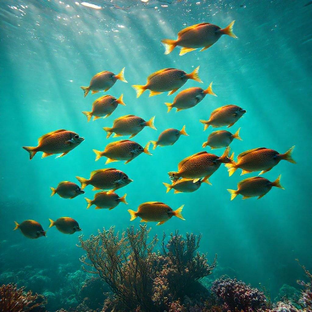 A vibrant scene from the ocean depths, featuring a school of yellow fish swimming amidst coral formations.