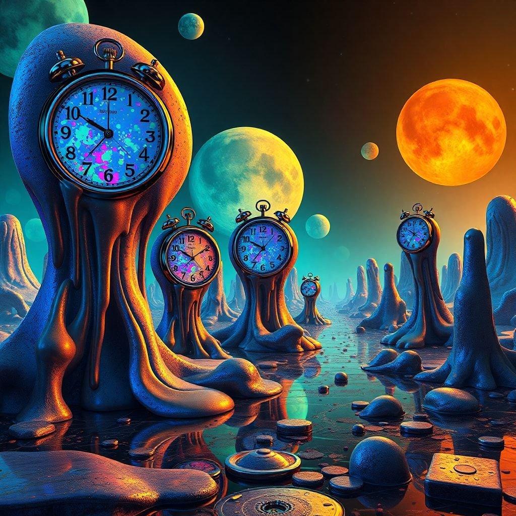 Este cautivador fondo de pantalla te transporta a un mundo de ensueño donde el tiempo se detiene. El paisaje surrealista, adornado con relojes, te invita a reflexionar sobre el paso del tiempo.