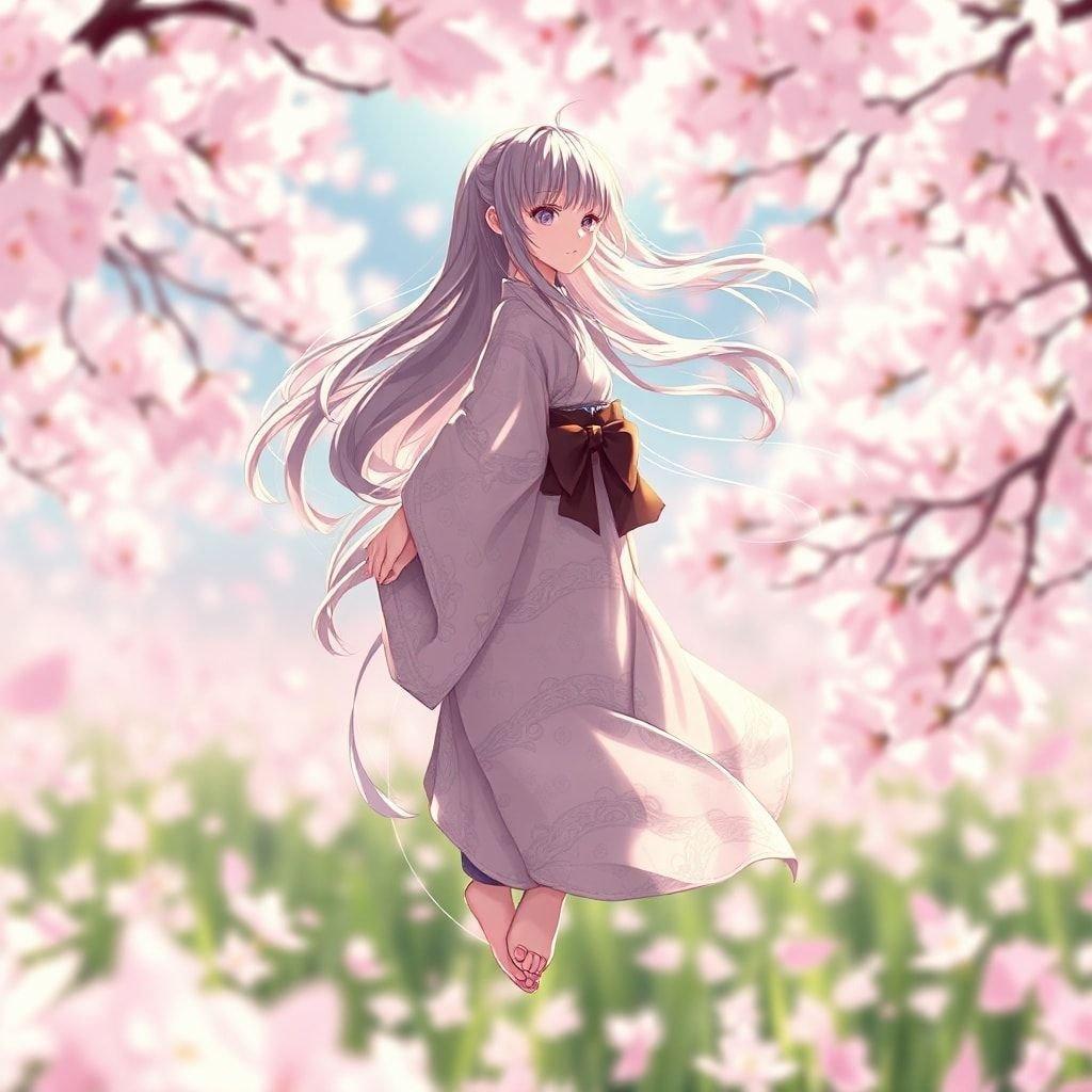 This beautiful anime illustration features a delicate girl in a kimono, her hair a cascading waterfall, floating in a field of cherry blossoms. The background, a blur of pink and white flowers, adds depth, while the scene is a harmonious blend of nature and technology.