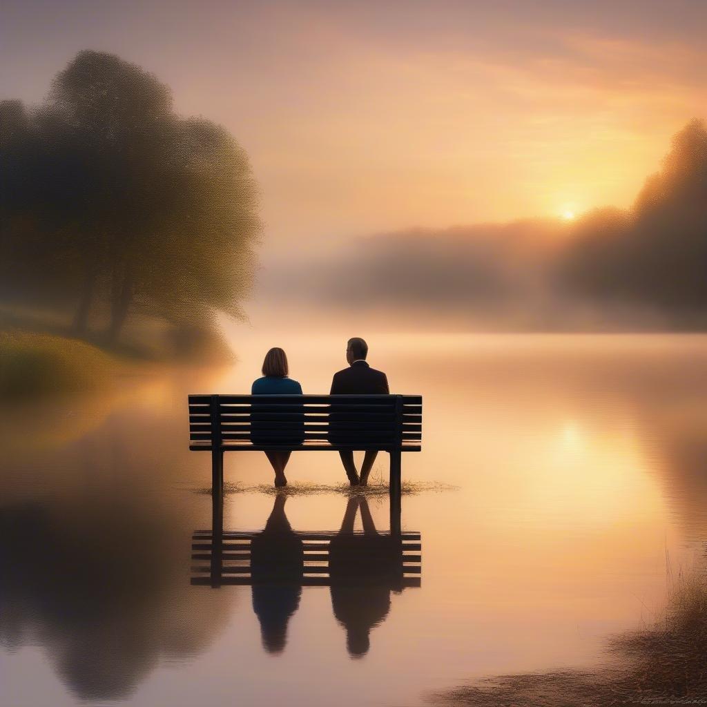 A serene lakeside at sunset, with two people sharing a quiet moment.