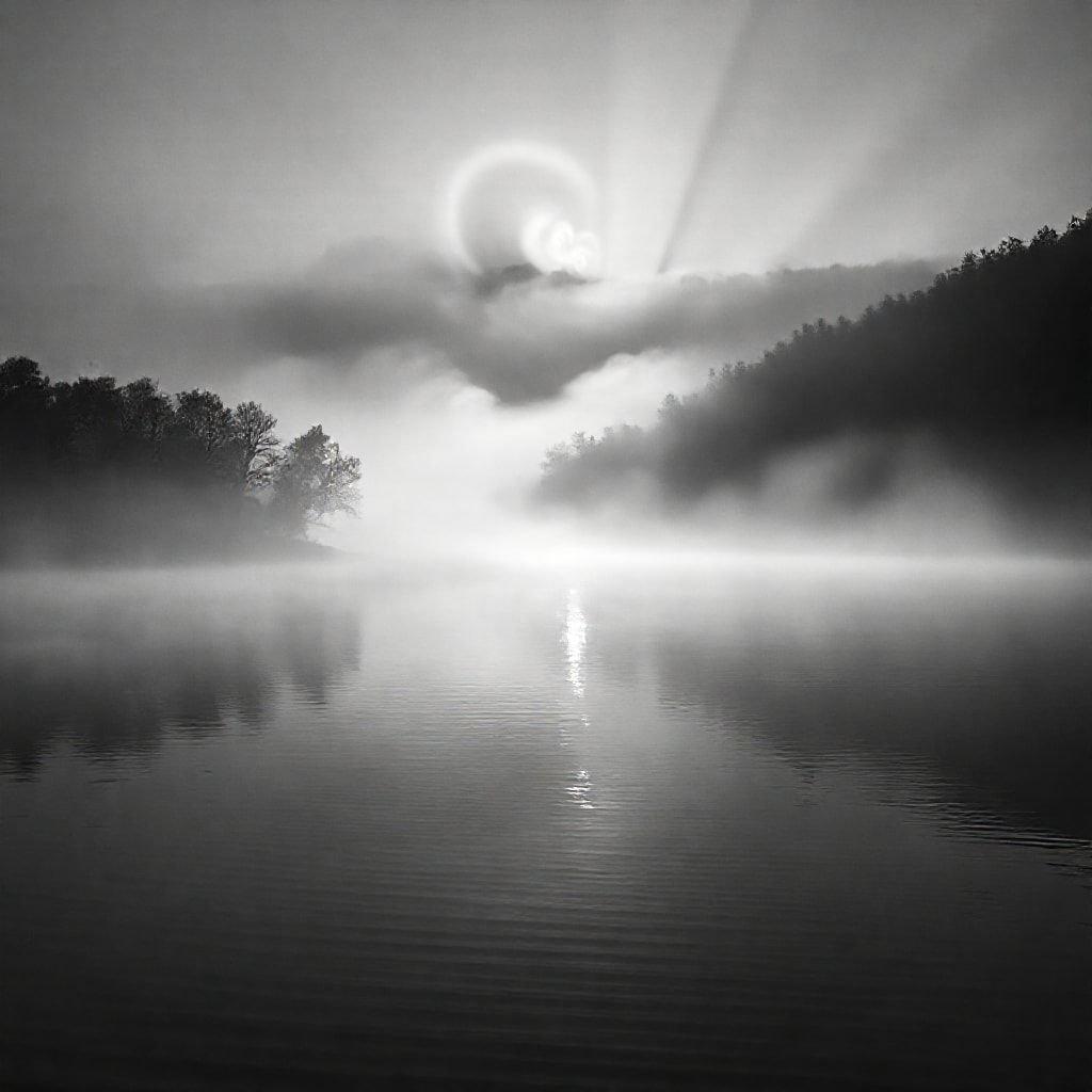 Uma cena surreal com uma lua cheia surgindo sobre as águas serenas, onde a névoa cobre a paisagem circundante. Uma imagem em preto e branco assombrosamente bela.