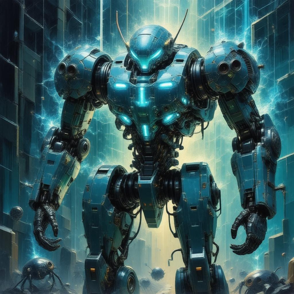 A powerful and detailed digital illustration of a futuristic mecha, showcasing its intricate circuitry and glowing blue lights. The background fades into a mysterious dark atmosphere, enhancing the epic feel.