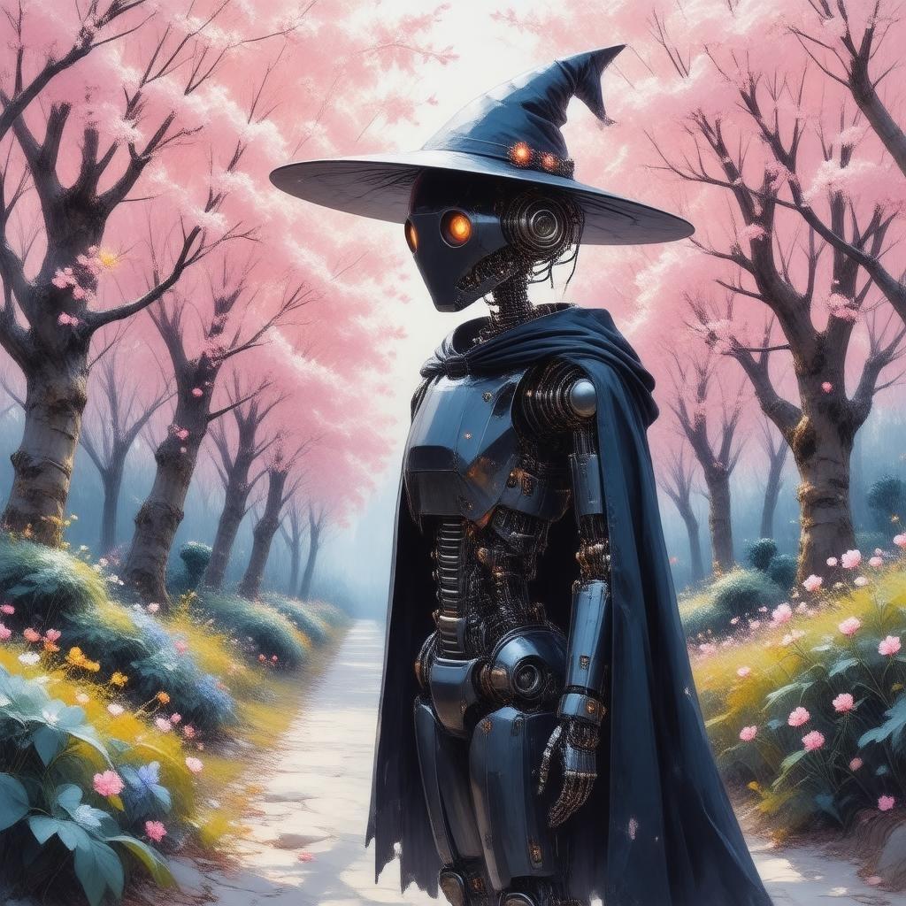 Embark on a fantastical journey into the world of an anime-inspired robot gardener. This meticulously designed image showcases a robot, resplendent in a black cloak and hat with vibrant yellow eyes, standing amidst a lush garden blooming with sakura trees. The intricate details of the robot's mechanisms are highlighted against a blurred background, creating an enchanting atmosphere that will make your desktop or mobile device come alive.