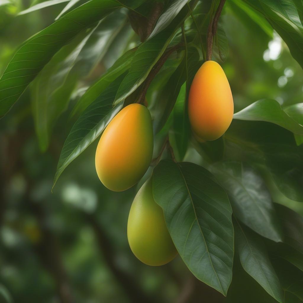 This delicious wallpaper features a close-up of mangoes hanging from a tree, perfect for adding a touch of tropical flavor to your desktop or mobile device.