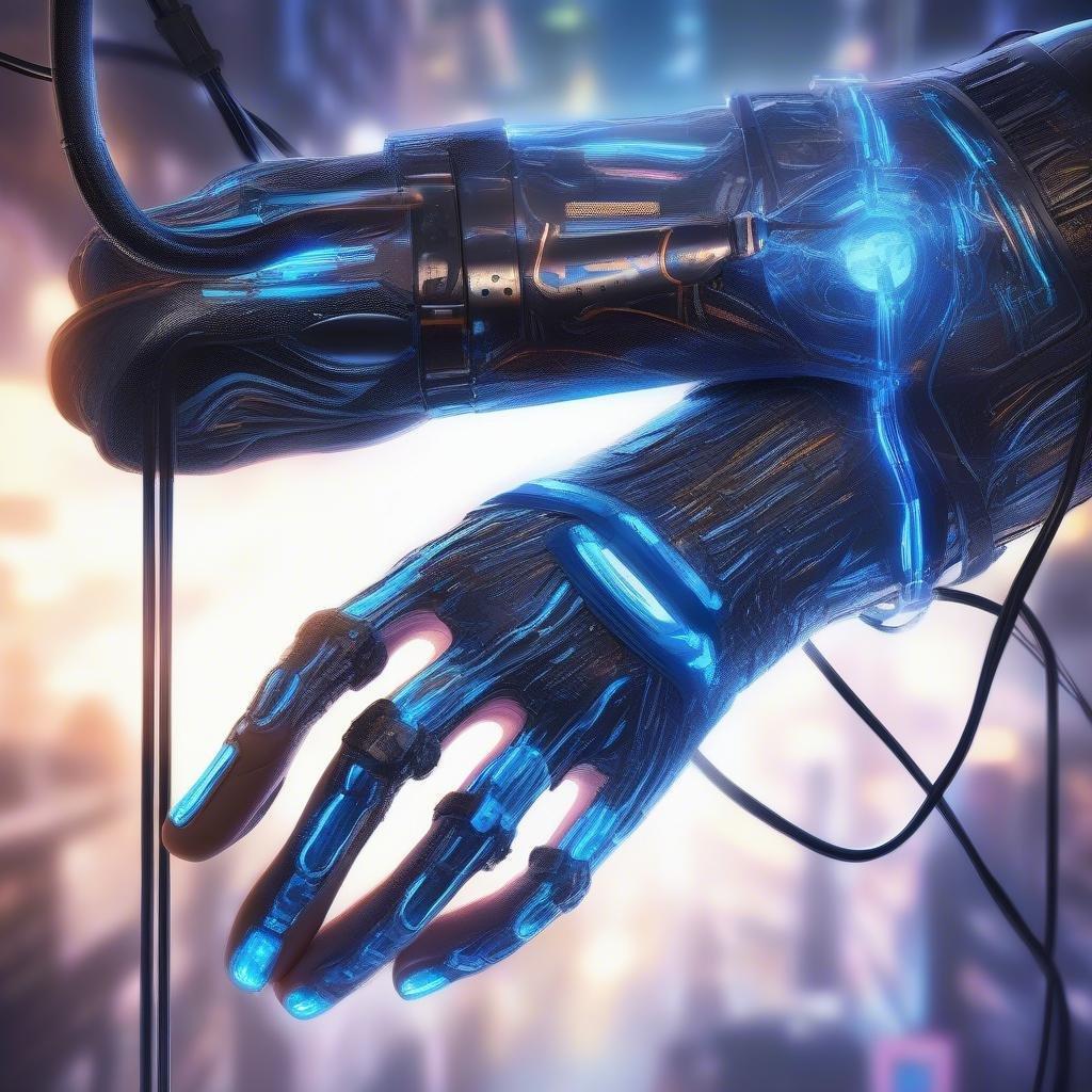 A sleek robotic arm extended into a neon lit cityscape, embodying the cyberpunk vibe.