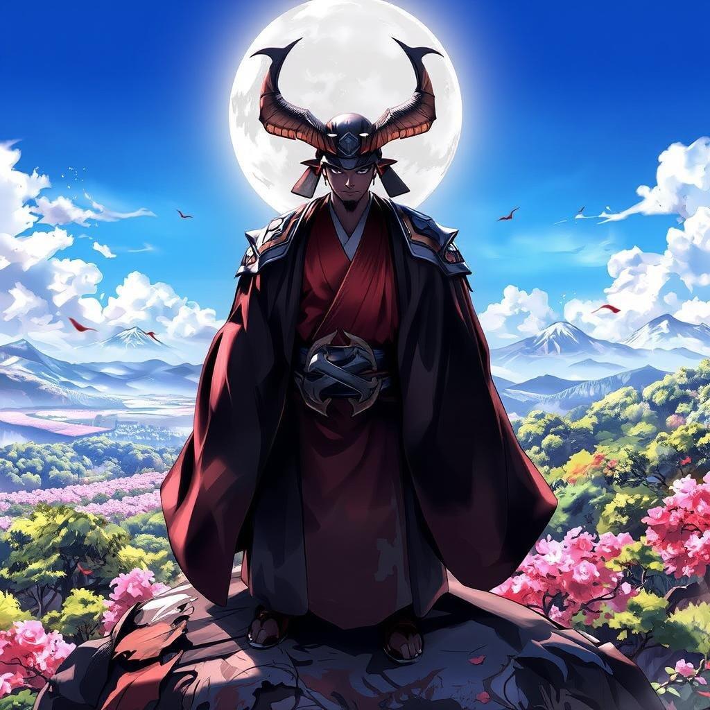 This anime wallpaper features a majestic samurai emperor standing on a mountain peak overlooking a breathtaking landscape. Dressed in a flowing robe and adorned with a horn, the emperor exudes an air of regal authority. The backdrop is a serene blue sky dotted with fluffy clouds, while the foreground showcases lush green trees and hills beautifully blanketed with cherry blossoms.