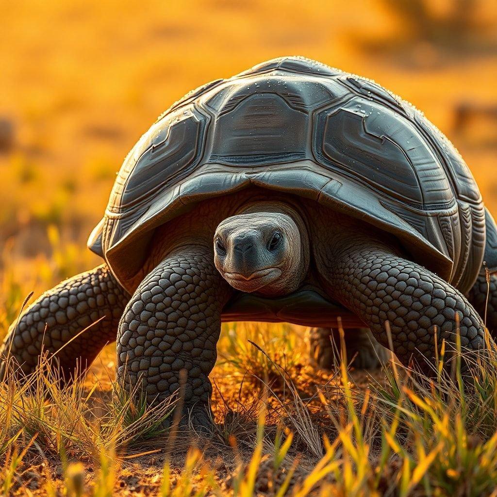 In the golden glow of a desert sunset, this tortoise takes center stage. Its shell, like an aged leather, contrasts with the vibrant grass it treads upon.