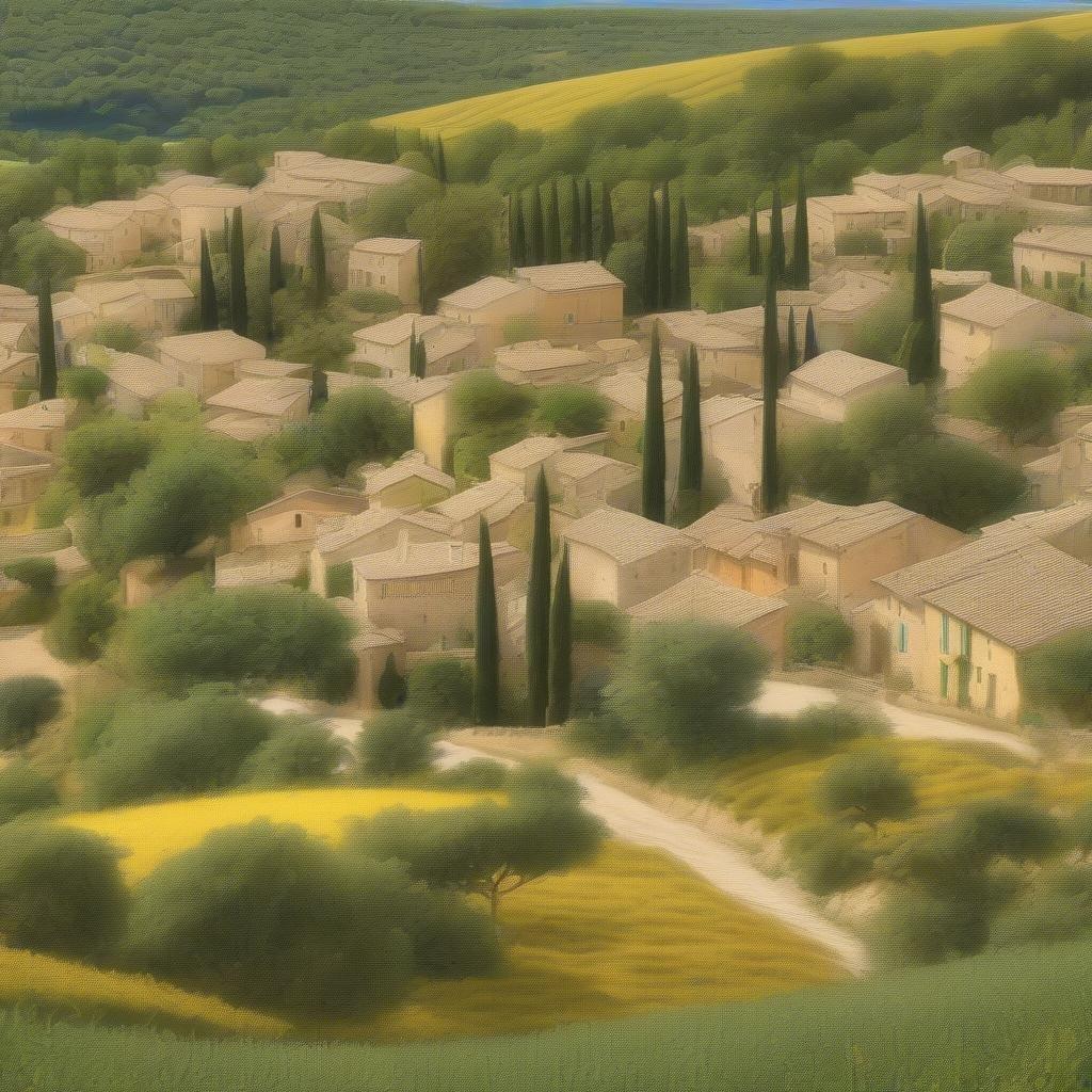 A picturesque scene of a village nestled in the heart of Italy, characterized by quaint houses and towering greenery.