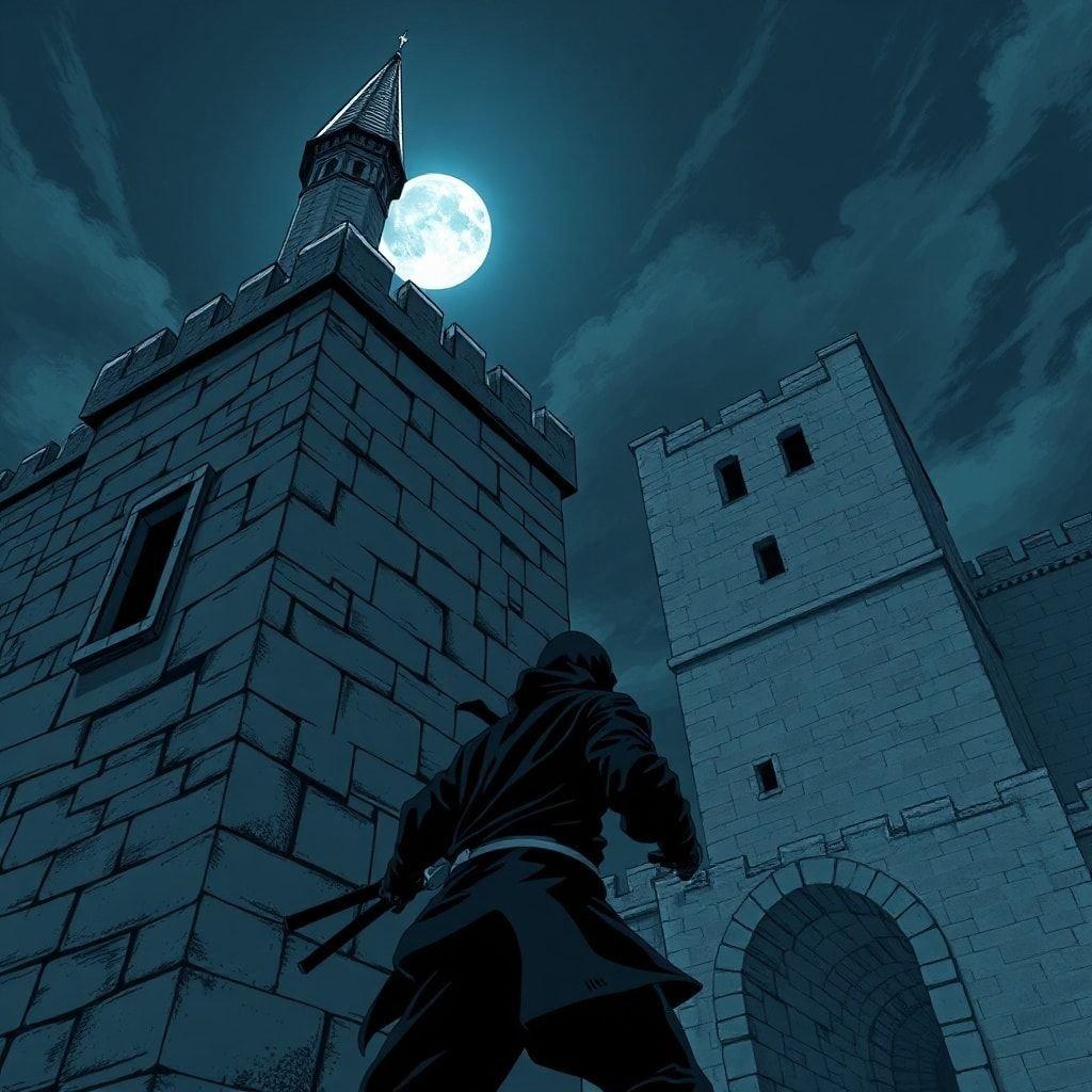 A lone ninja is seen from below, sneaking through the shadows of a large castle, with a tall tower and a pointed roof, and a small window on the left side.