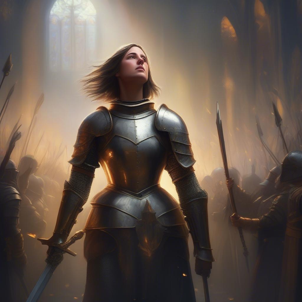 A brave female knight in full armor stands confidently among her comrades, ready to lead the charge. The scene is set against a dramatic backdrop of a gothic cathedral and a banner unfurling behind her.