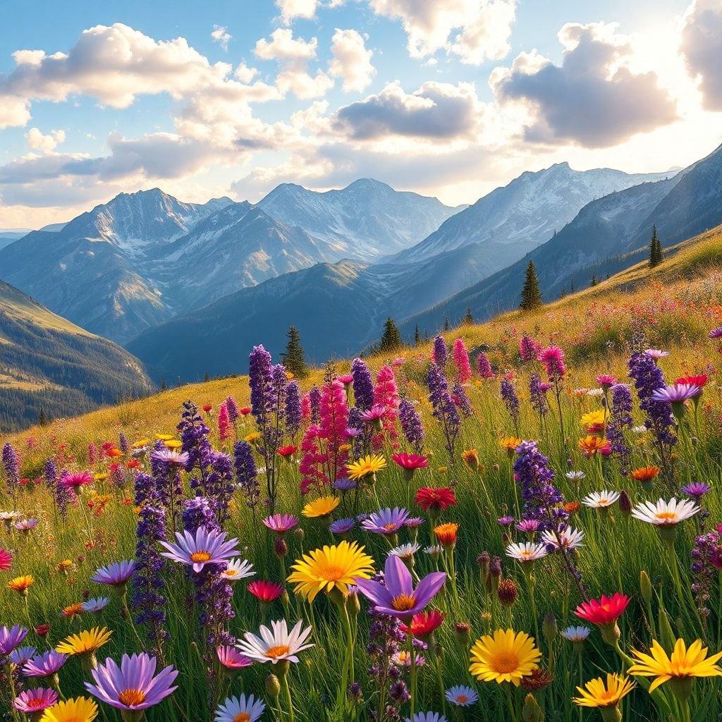 山に逃げて、この壮大な山の背景に対して野生の花のフィールドを特徴とするこの素晴らしい壁紙で自然の美しさに浸ってください。