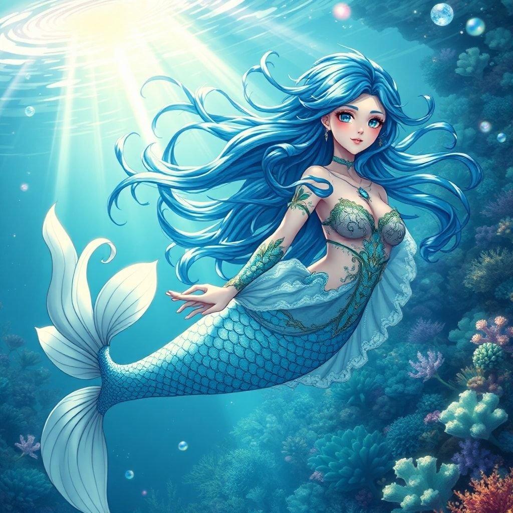 Immerse yourself in the mystical world of anime with this captivating wallpaper featuring a stunning mermaid amidst an underwater realm.