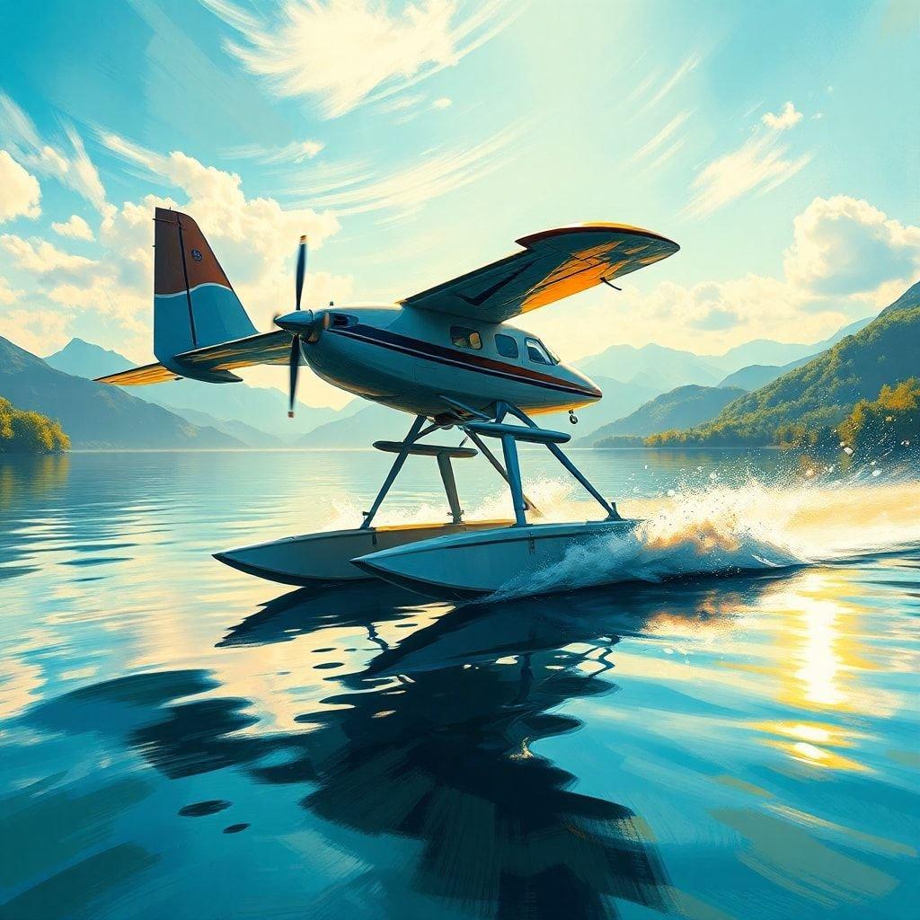 This stunning wallpaper showcases a seaplane in mid-flight, its propellers spinning as it glides over the water, capturing the essence of adventure and freedom.