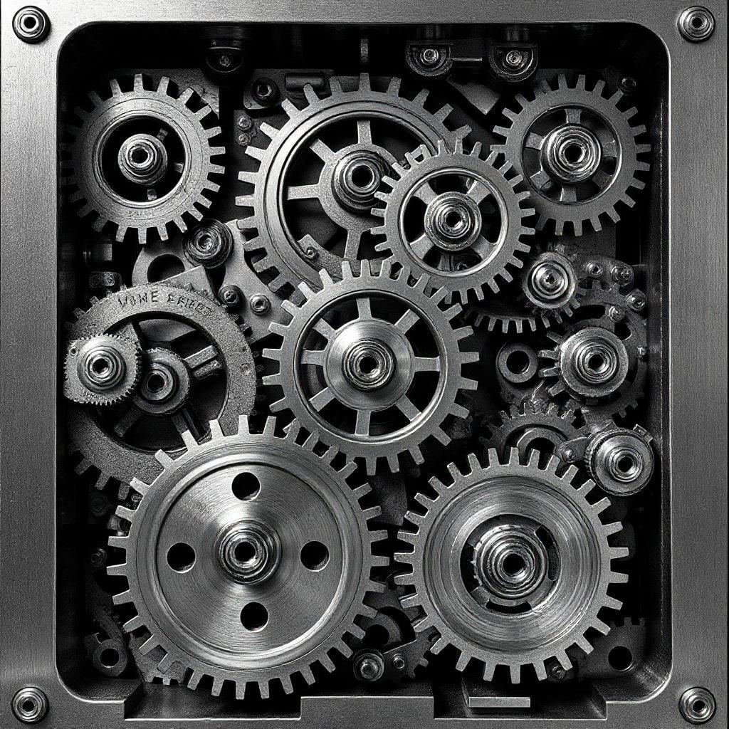 This striking black and white photograph captures the intricate beauty of an array of metallic gears and cogs, each contributing to the grandeur of a mechanical symphony. The image is a testament to the precision and elegance inherent in engineering design, offering a visual feast for both casual observers and enthusiasts alike.