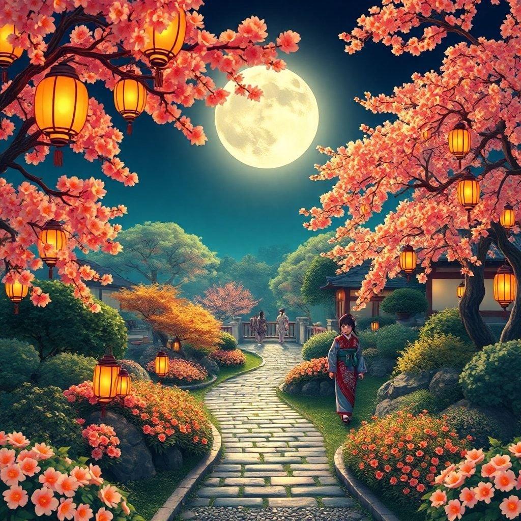 An anime-style digital illustration of a serene garden at night under a full moon. The scene is filled with warm colors and features traditional lanterns, cherry blossoms, and bamboo structures set against the backdrop of a starry sky.