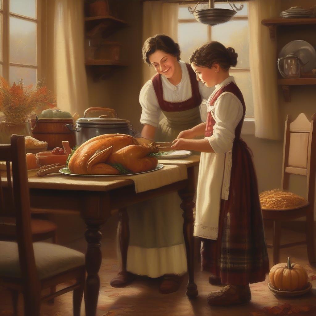 The heartwarming scene of two generations preparing a feast, reminiscent of the traditional values of family and gratitude during Thanksgiving.