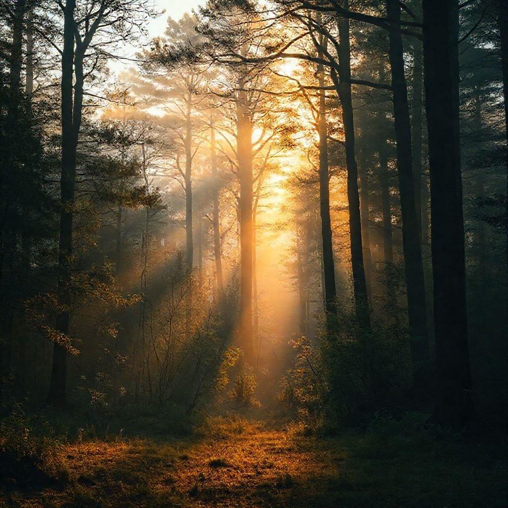 A serene morning scene with sunlight filtering through the canopy, casting a warm glow on the misty forest floor.