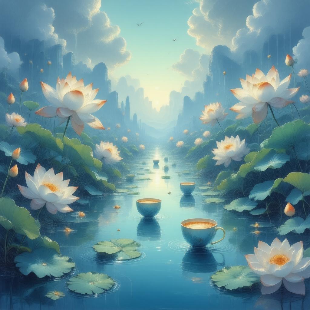 Dieser bezaubernde Hintergrund bringt Sie in eine ruhige und fantastische Welt, in der riesige Lotusblumen am Himmel blühen und Tassen mit Wasser mühelos schweben. Die traumhafte Landschaft, gemalt in beruhigenden Blau- und Grüntönen, lädt Sie ein, in ihre friedliche Schönheit zu entfliehen.