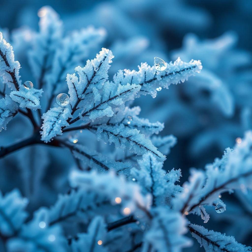 A close-up view of a branch adorned with delicate ice crystals, evoking the beauty of a winter's day.