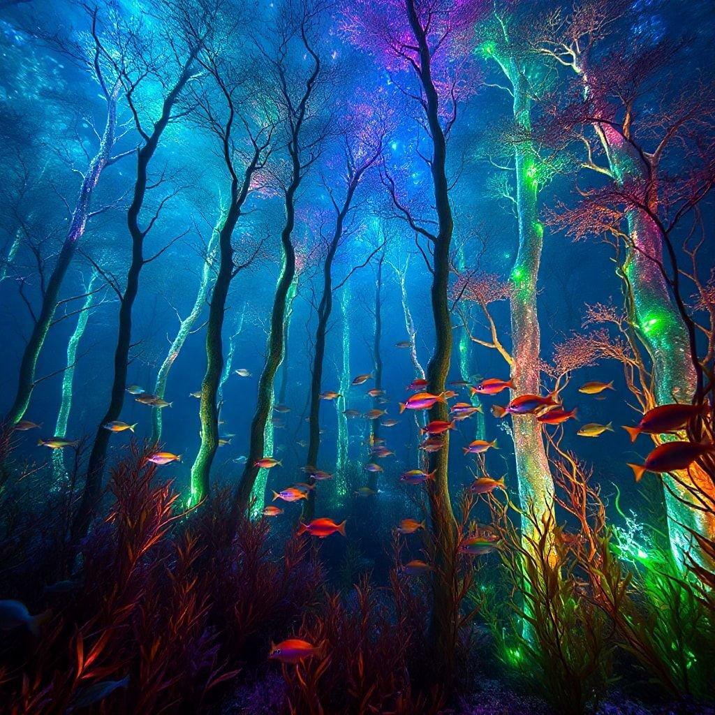 Esta imagen representa un bosque submarino, un ecosistema único y fascinante. El bosque está lleno de vida, desde peces coloridos nadando entre los árboles hasta corales y otras plantas marinas prosperando en el agua. La imagen captura la belleza y la tranquilidad de este mundo submarino, invitando al espectador a explorar y apreciar sus maravillas.