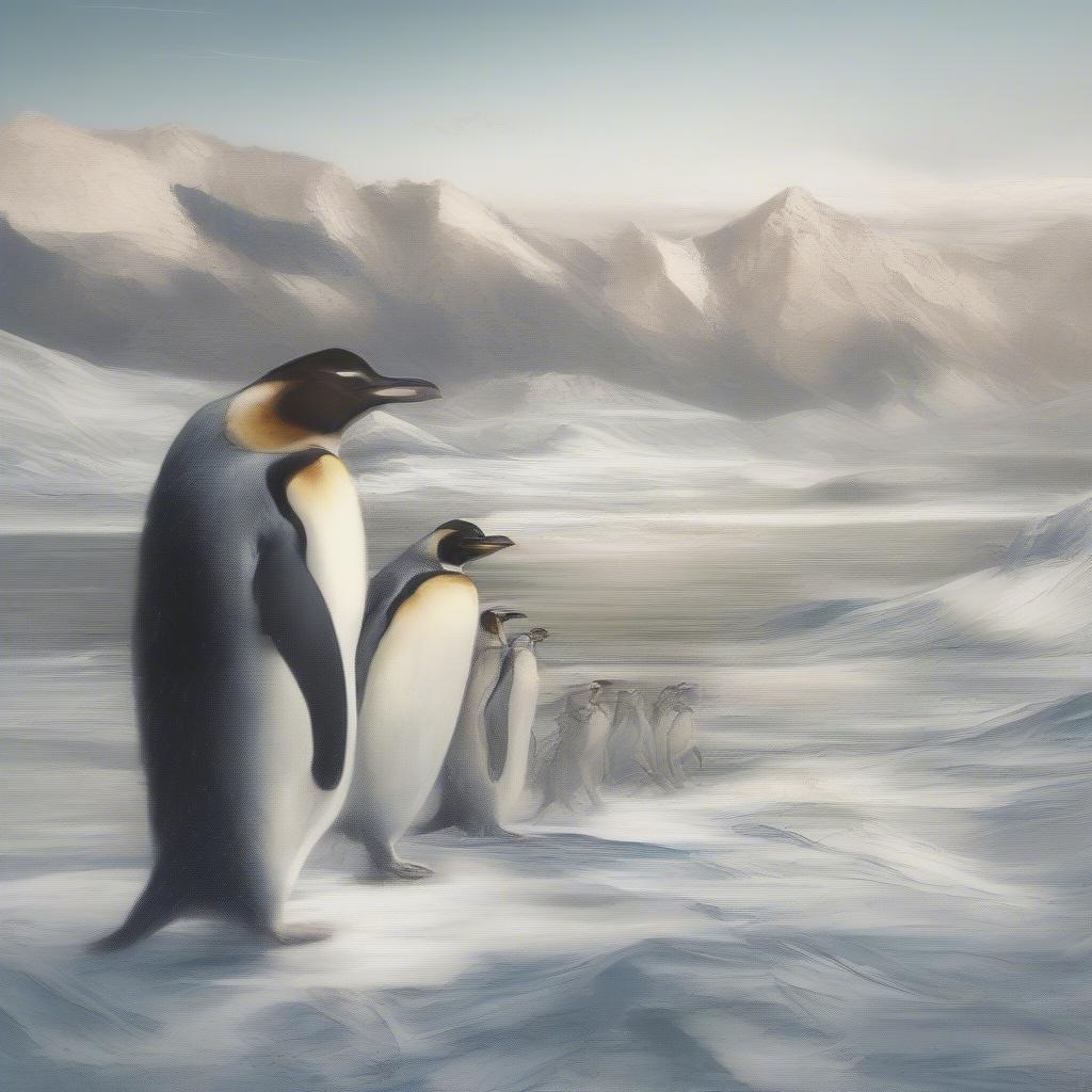 These five adorable penguins are standing together in a row, looking out over the frozen water. The majestic mountain range forms a breathtaking backdrop to this serene scene.