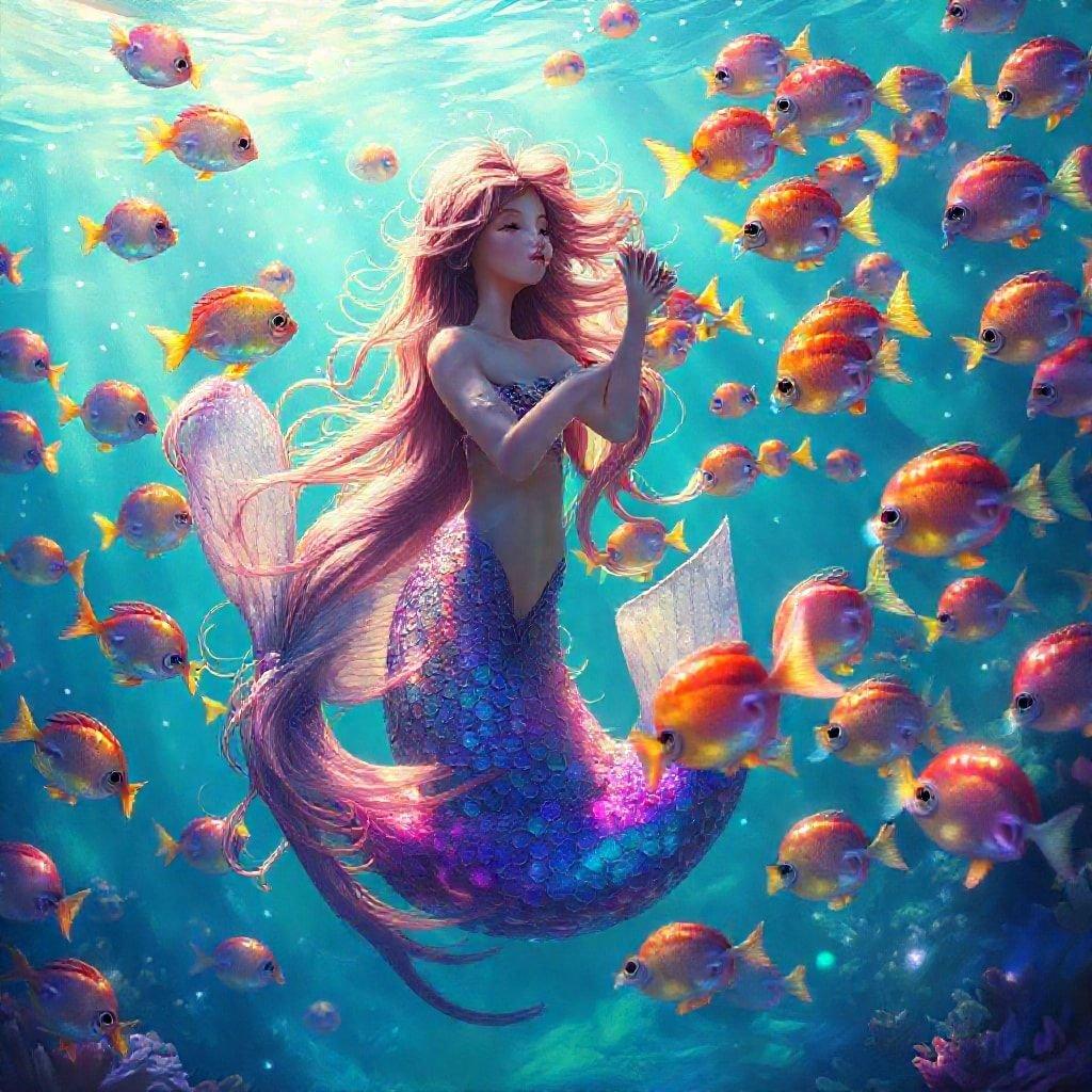 A beautiful scene from the depths of the ocean, featuring a mermaid amidst vibrant marine life.